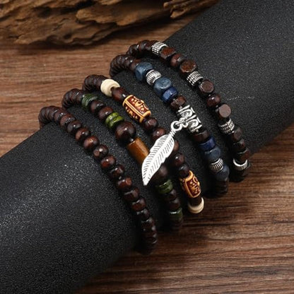 Mens Beaded Bracelets Tribal Wooden Elastic Adjustable Prayer Beads Wrap Cuff for Women - color: C: 5pcs
