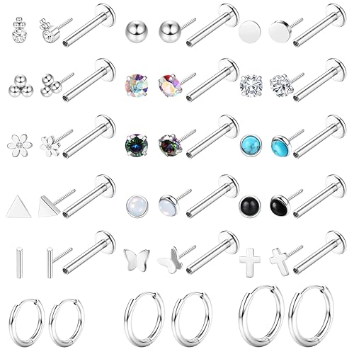 YADOCA 18Pairs Hypoallergenic Threadless Flat Back Earrings for Women 20G | Surgical Steel Push in Nose Stud Rings Labret Cartilage Lip Rings Medusa Nostril Conch Tragus Piercing Jewelry - color: B:Stud+Hoop, size: 20G-6MM