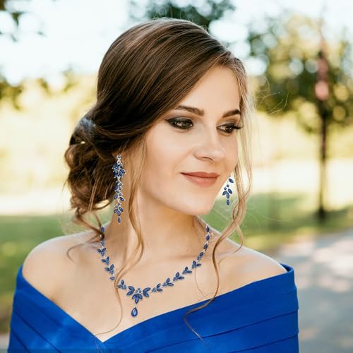 Paxuan Wedding Jewelry Sets for Bride Bridesmaid Bridal Jewelry Set for Women Wedding Crystal Necklace Earrings Bracelet Set for Party Prom Jewelry - color: Sapphire Blue - Silver