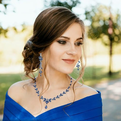 Paxuan Wedding Jewelry Sets for Bride Bridesmaid Bridal Jewelry Set for Women Wedding Crystal Necklace Earrings Bracelet Set for Party Prom Jewelry - color: Sapphire Blue - Silver