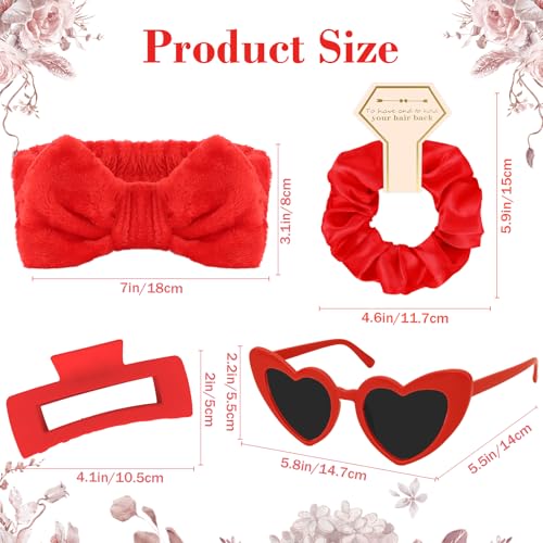 Semato 4 Pcs Red Bridesmaid Proposal Gifts Bridesmaid Spa Headband, Hair Claw Clips, Heart Shaped Sunglasses and Smooth Satin Scrunchies - color: Red