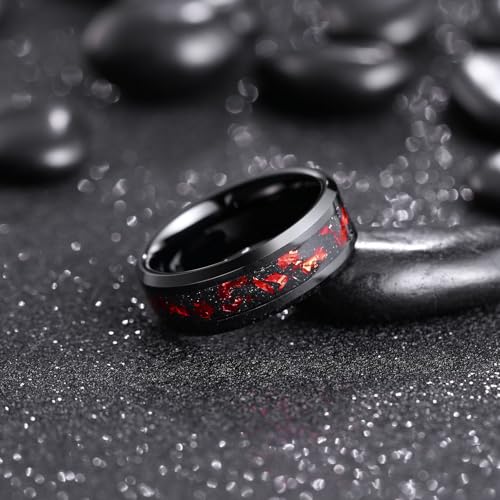 King Will Mens Wedding Band with Foils Inlay, Black/Silver/Gold | Black, 6mm/8mm, Beveled Edge, Comfort Fit, Glowstone Ring, Everyday Wear - color: Black&Red-8mm