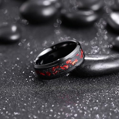 King Will Mens Wedding Band with Foils Inlay, Black/Silver/Gold | Black, 6mm/8mm, Beveled Edge, Comfort Fit, Glowstone Ring, Everyday Wear - color: Black&Red-8mm