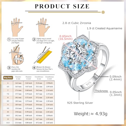 Flower Cocktail Ring for Women Stone Engagement Anniversary Rings | Sterling Silve|Hypoallergenic|Ruby|Sapphire|Emerald|Wedding and Birthday Party Women Statement Ring|Mother and Grandma Gift - color: Aquamarine (Mar.)