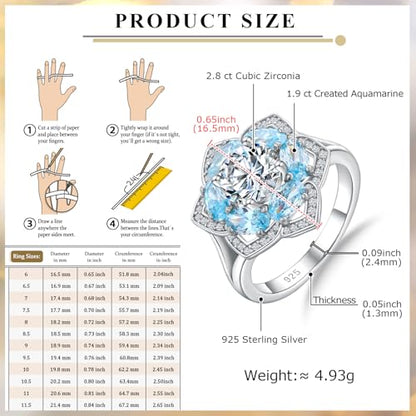 Flower Cocktail Ring for Women Stone Engagement Anniversary Rings | Sterling Silve|Hypoallergenic|Ruby|Sapphire|Emerald|Wedding and Birthday Party Women Statement Ring|Mother and Grandma Gift - color: Aquamarine (Mar.)