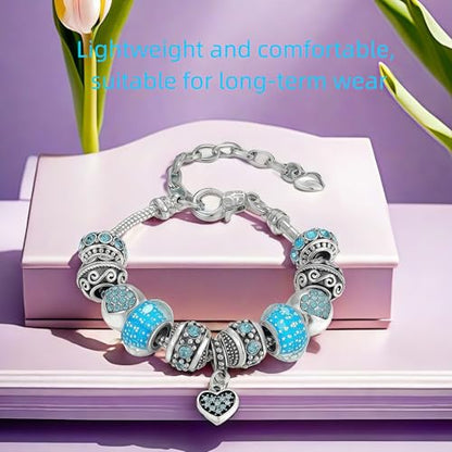 Pink Hearts Silver Plated Charm Bracelet, DIY Jewelry for Women with Beads, Charms, and Adjustable Snake Chain, Fits 7.5"+1.5" - color: Blue, size: 18cm
