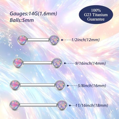 FUNLMO 2pcs Nipple Piercing Jewelry Titanium Nipple Rings Internally Threaded Tongue Rings Bridge Piercing Jewelry Nipple Barbells 14G 12-20mm - color: Silver,Purple Opal