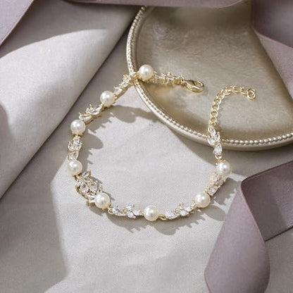 EVER FAITH Gorgeous Cubic Zirconia Pearl Wedding Link Bracelet for Bride | Marquise Teardrop Crystal Bridal Prom Jewelry, for Women Bridesmaids - style: Leaf_Clear Gold-Tone