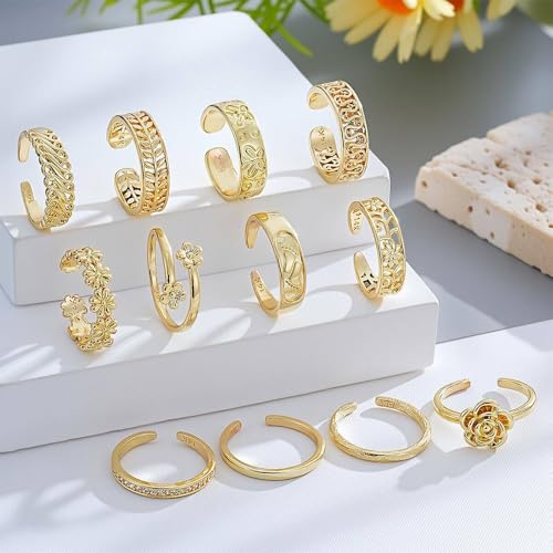 TOPBRIGHT 12PCS Toe Rings for Women - 14K Gold Filled With CZ, Adjustable Open Band Rings, Flower Design Dainty，Summer Beach Foot Jewelry Set for Women