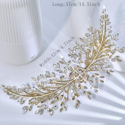 Bridal Headband,Rhinestone Crystal Floral Wedding Headpiece Flower Leaf Hair Accessories for Bride Wedding (Champagne) - color: Champagne