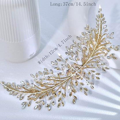 Bridal Headband,Rhinestone Crystal Floral Wedding Headpiece Flower Leaf Hair Accessories for Bride Wedding (Champagne) - color: Champagne