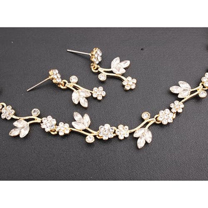 Brides Bridesmaid Flower Leaf Choker Necklace Dangle Earrings Link Bracelet Austrian Crystal Wedding Jewelry Set for Prom Costume Party Accessories for Woman - color: Crystal-Gold Plated