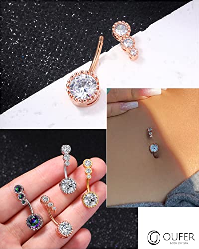 OUFER 316L Surgical Steel Belly Button Rings, Clear CZ Navel Rings, Belly Piercing Jewelry - color: Rosegold Bar, Clear CZ