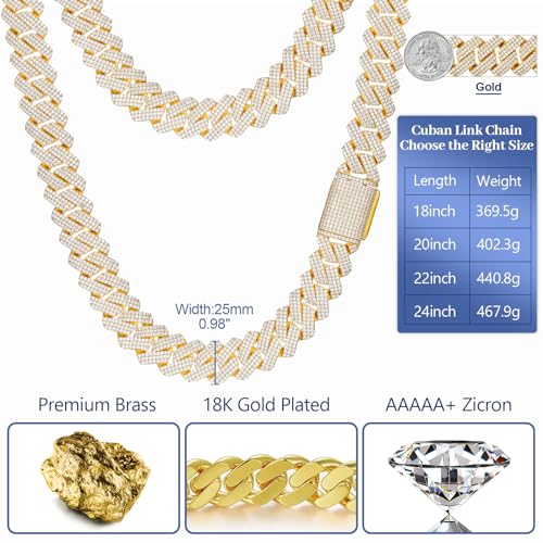 Ucciyo 30MM/25MM Cuban Link Chain for Men, Luxury Iced Out Diamond Chain | Luxurious Diamond-Simulated, Large Miami Cuban Style, 18K Gold Plated - color: 25MM-Gold, size: 20 Inch