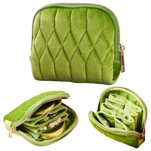 shunmei Small Jewelry Travel Case, Diamond Quilted Velvet, Olive Green | 4.72"x4.72" bag with zipper, 5-layer velvet organizer pouch, for bangle, bracelet, earring, necklace, ring, for women girls - color: Olive Green