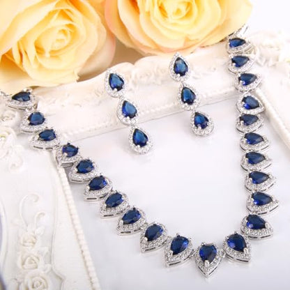 EleQueen Women's Silver-Tone Full Prong Cubic Zirconia Teardrop Bridal Necklace Earrings Set - color: 01-Sapphire Color