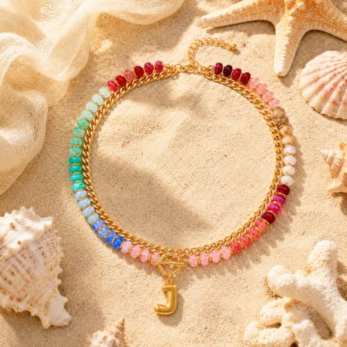 Colorful Beaded Bubble Letter Necklace For Women, Boho Double Layer Dopamine Rainbow Resin Beads Thick Cuban Chain Chunky With Initials Pendant Necklaces Summer Beach Jewelry Gift ﻿ - color: Dop J