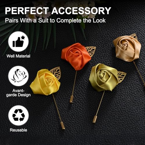 M METERXITY 24-Pack Flower Lapel Pins for Men, Golden Leaf Rose Boutonnieres Pin Groom Boutonnieres for Wedding/Dance/Party, Men Lapel Pins for Suits Satin Flower Corsage [Gold]