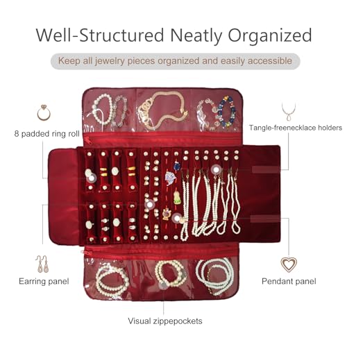 Velvet Travel Jewelry Case Roll Bag Organizer for Necklace Bracelet Earrings Ring (Black) (Burgundy) - color: Burgundy