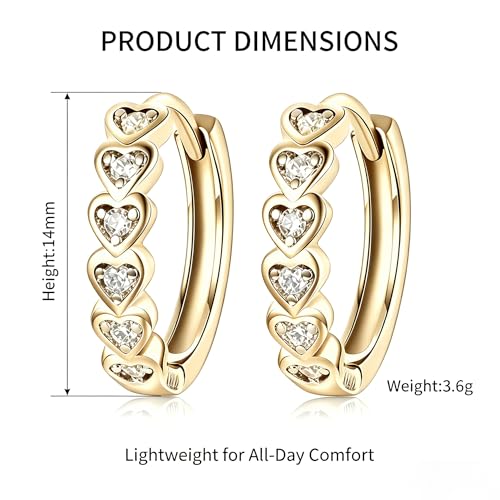 Women's 925 Sterling Silver Earrings -14mm, Exquisite White Heart Hoop Earrings With Sparkling Cubic Zirconia, Lightweight Hypoallergenic, Fashion Cute Jewelry Gift, Daily And Party Wear - color: Gold