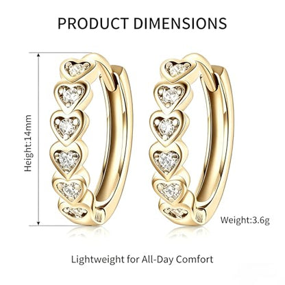 Women's 925 Sterling Silver Earrings -14mm, Exquisite White Heart Hoop Earrings With Sparkling Cubic Zirconia, Lightweight Hypoallergenic, Fashion Cute Jewelry Gift, Daily And Party Wear - color: Gold