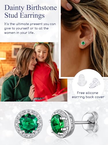 Suplight 925 Sterling Silver Birthstone Stud Earrings for Women, Round/Heart/Teardrop/Square Crystal Diamond Earrings for Women, Dainty Birthday Gifts Jewelry - color: style a-05. round-May(Created Emerald)