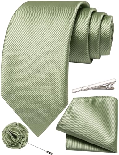 Solid Color Tie and Pocket Square with Tie Clip Lapel Pin Silk Formal Necktie Set Wedding Formal - color: Sage Green