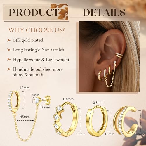 4 Pairs Small Hoop Earrings for Women 14K Gold Plated | Trendy Chain Drop Earrings Set, Hypoallergenic CZ Huggie Hoops, Lightweight Cartilage Earring Stacks - color: 14K Gold Plated-hoop&cuff