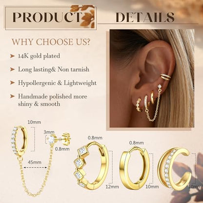 4 Pairs Small Hoop Earrings for Women 14K Gold Plated | Trendy Chain Drop Earrings Set, Hypoallergenic CZ Huggie Hoops, Lightweight Cartilage Earring Stacks - color: 14K Gold Plated-hoop&cuff