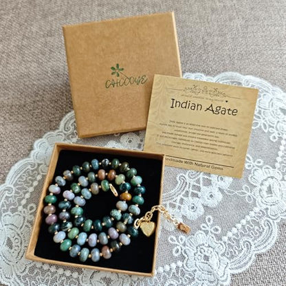 Boho Gemstone Beaded Necklace for Women – Colorful Natural Stone Choker 18K Solid Heart-Shaped Pendant, Summer Beach Jewelry - color: Indian Agate
