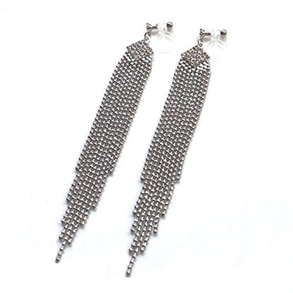 Dangle Silver Invisible Clip On Earrings for Women Not Pierced Gold Crystal Rhinestone Comfortable Hoop Fringe Long Chain Clip On Earrings - color: Fringe Silver 1