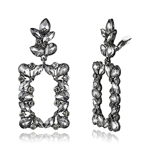 Clip-on Dangle Earring Earrings Art Deco Sparkly Rhinestone Marquise Teardrop Rectangle Geometric Statement for Women - color: Grey Black-Tone