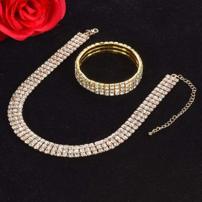 Zealmer 18K Yellow Gold Plated 1-5 Rows Rhinestone Choker Necklace & Stretch Bracelets Set Wedding Jewelry - style: 3 Row