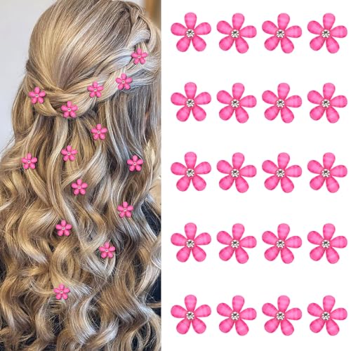 YISSION 20Pcs Mini Hot Pink Flower Hair Accessories with Rhinestone - Cute Decorative Wedding Hair Pins, Barrettes and Clips for Girls and Women - color: Hot Pink