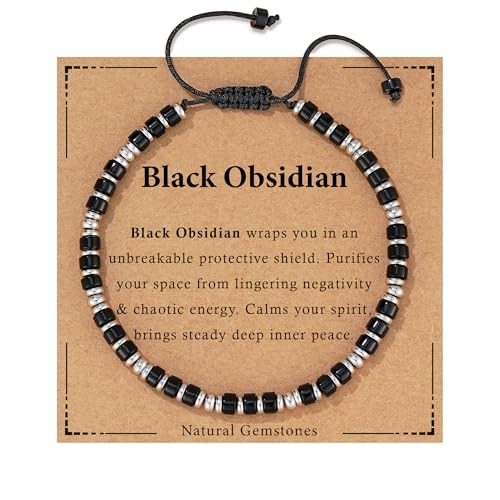 Healing Crystal Bracelet for Men Women, Triple Protection Hematite Black Obsidian Tiger Eye Natural Gemstone Beaded Bracelets Jewelry Gifts for Him - color: Black Obsidian