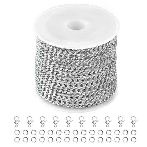 Kyutong Twist Curb Link Chain Bulk Silver Jewelry Making Chain Supplies | 16.4 Feet Stainless Steel Chain Roll Silver Jewelry Craft DIY Chain Links for Necklace Bracelet Making with Clasps - color: Silver Curb