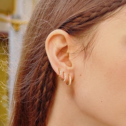 micuco 3 Pairs Small Hoop Earrings Tiny Cartilage Earrings for Women Men | Cubic Zirconia Earrings Huggie Hoop Ear Piercing Earrings for 8mm 10mm 12mm - color: 4# 14K Gold Plated 8mm,10mm,12mm