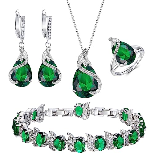 EVER FAITH Wedding Jewelry Set for Bride Bridesmaid, Glamour Teardrop Cubic Zirconia Pendant Necklace Earrings Tennis Bracelet Open Ring Sets for Birthday/Valentine's Day/Mother's Day/Christmas - color: A_Green Silver-Plated-Brass