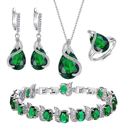 EVER FAITH Wedding Jewelry Set for Bride Bridesmaid, Glamour Teardrop Cubic Zirconia Pendant Necklace Earrings Tennis Bracelet Open Ring Sets for Birthday/Valentine's Day/Mother's Day/Christmas - color: A_Green Silver-Plated-Brass