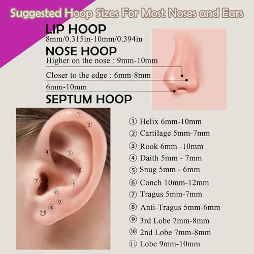 BLISI Grade 23 Titanium Nose Rings Hoops - 20G/18G/16G, 6/7/8/9/10mm Diameter, Hinged Click Rings for Nose, Lip, Helix, Cartilage, Rook - Hypoallergenic sleeper earrings, Black/Silver/Gold/Pink - color: 1PC, Pink, size: 18 Gauge, 7mm