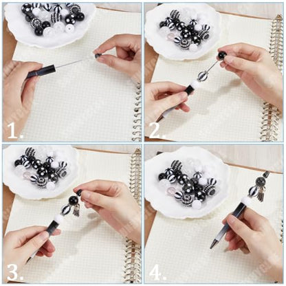 SUNNYCLUE DIY 12 Sets Beadable Pen Making Kit with Black White Acrylic Beads, 20mm Rhinestone Bubblegum Beads, Ballpoint Pens Supplies for Women Men Office School - color: 12 Sets, Black & White