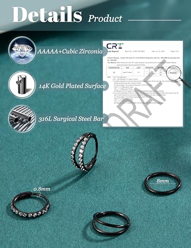 Dochais 4PCS 18G Nose Rings Hoops, Surgical Steel Earrings Tragus Septum Piercing CZ Clicker Ring, Hinged Segment Conch Lip Cartilage Double Hoops 8mm 10mm for Women Men - color: Black, size: 20G(0.8mm),8mm