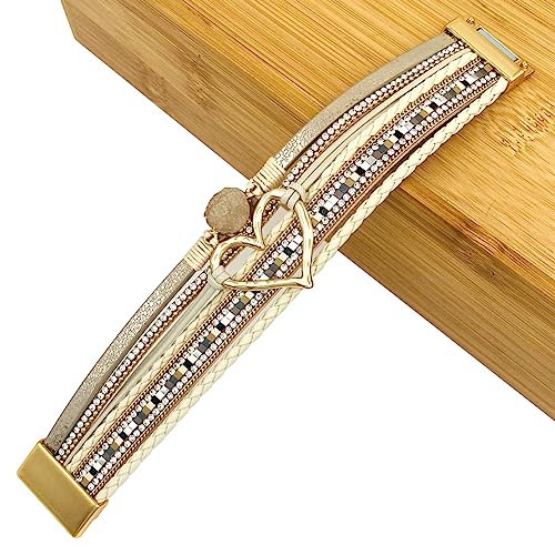 Womens Love Heart Leather Wrap Bracelet Multi-layer Stacked Bangle | Magnetic Clasp Soft PU Leather Resin Stone Rhinestone Boho Style Birthday Valentine Christmas Bohemian Jewelry Gift - color: Khaki