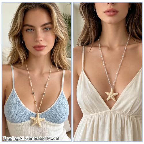 4 Pcs Starfish Necklace Sets, White Beachy Jewelry for Women | Summer Nautical Ocean Themed Party Favors, Coastal Vacation Travel Gifts
