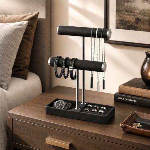 bussdis 2 Tier Bracelet Holder Display, Necklace Holder Organizer, Black | Velvet Necklace Holder | Jewelry Tree | Jewelry Towers | Jewelry Stand Organizer for Necklaces, Bracelets, Earrings, Rings - color: Black