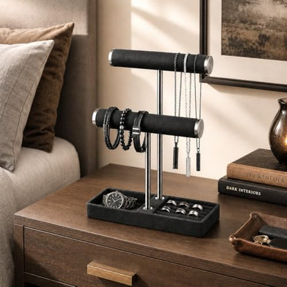 bussdis 2 Tier Bracelet Holder Display, Necklace Holder Organizer, Black | Velvet Necklace Holder | Jewelry Tree | Jewelry Towers | Jewelry Stand Organizer for Necklaces, Bracelets, Earrings, Rings - color: Black