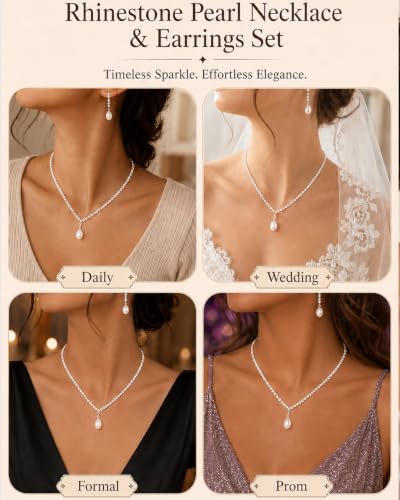 STONEFANS Gold/Silver Jewelry Sets for Women - Dainty Silver Rhinestone Necklace Earring Set Crystal Wedding Jewelry Sets for Brides Prom Accessories Bridesmaid Gifts - color: Pearl-Silver