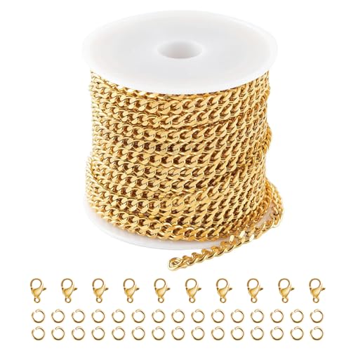 Kyutong 16.4 Feet Gold Plated Craft Chains for Jewelry Making | 304 Stainless Steel Curb Chain Roll for Women Men Necklace Bracelet DIY Supplies Findings - color: Gold Curb