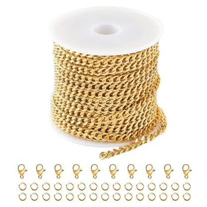 Kyutong 16.4 Feet Gold Plated Craft Chains for Jewelry Making | 304 Stainless Steel Curb Chain Roll for Women Men Necklace Bracelet DIY Supplies Findings - color: Gold Curb