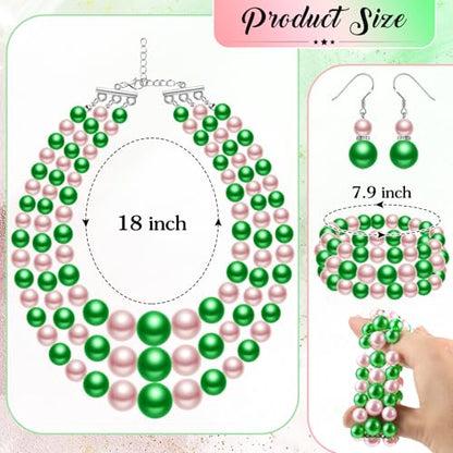 Haysandy Pearl Jewelry Set for Women 20s Jewelry Gift | Retro Layered Necklace Bracelet Earring, Costume Accessories for Derby Wedding Prom Party, Dress Matching Occasions - color: Pink and Green
